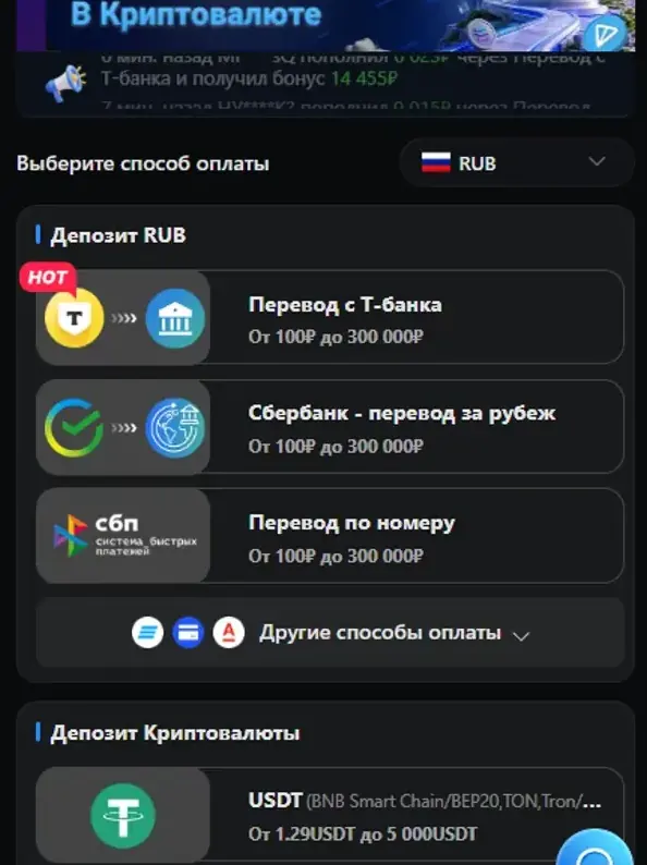 Окно кассы с рублёвыми способами сверху и криптовалютой ниже, под каждым указан диапазон суммы
